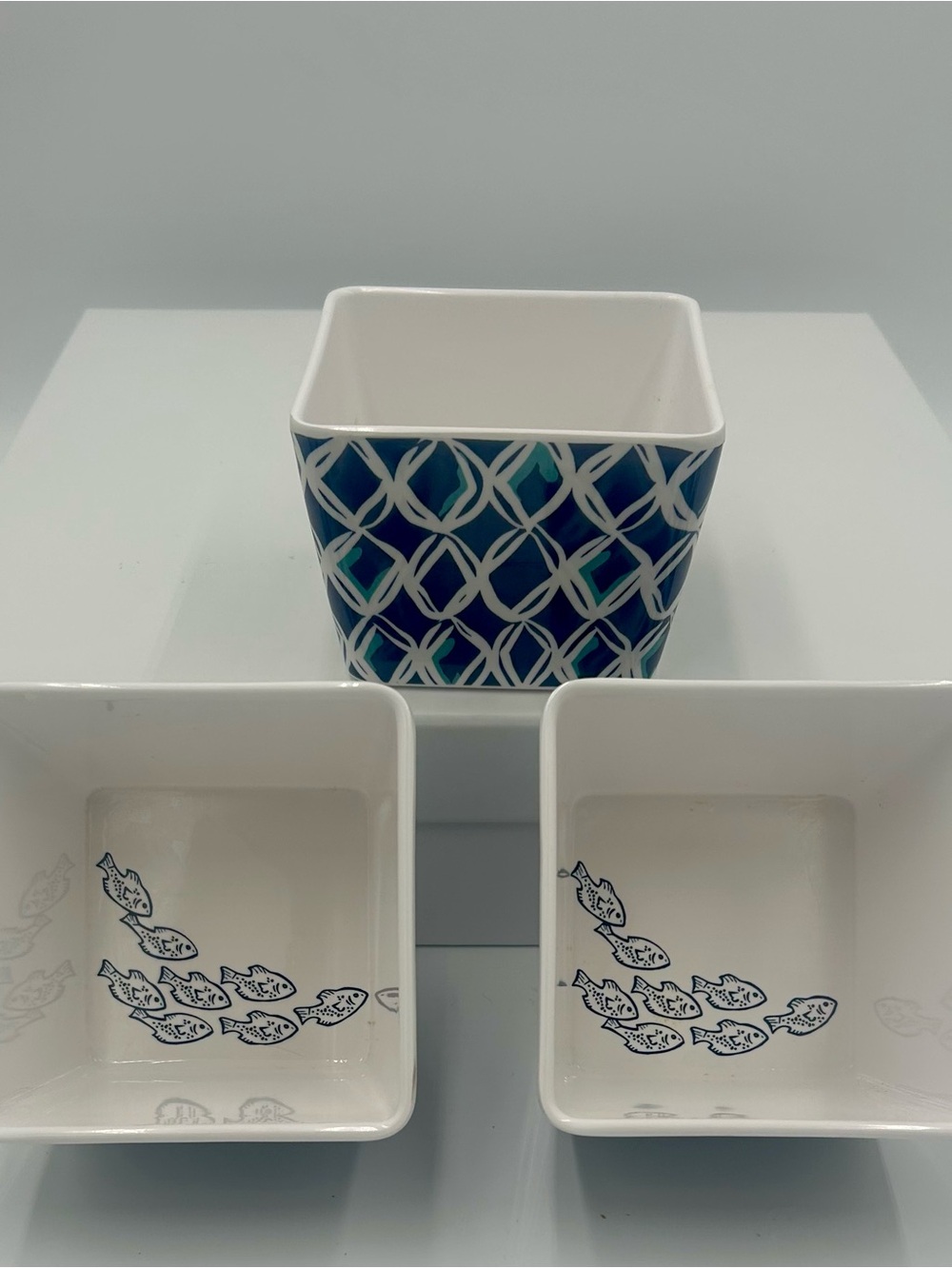 Ciroa Blue Geometric Melamine Square Dessert Bowls Set of 3 with Fish Motif
